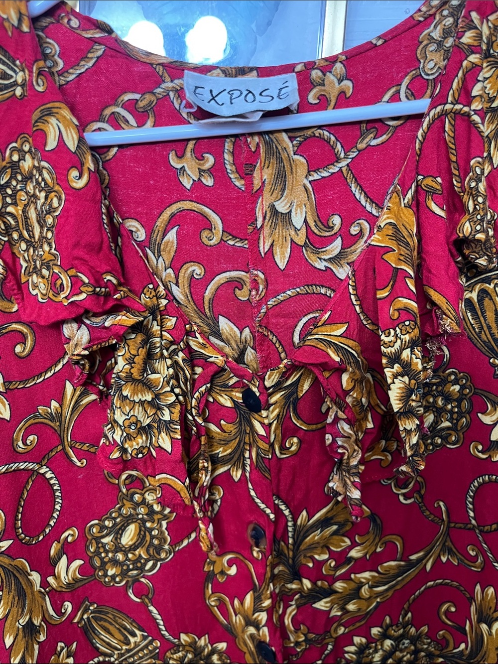 Red Floral Scroll Ruffle Button-Down Blouse - Picture 9 of 9